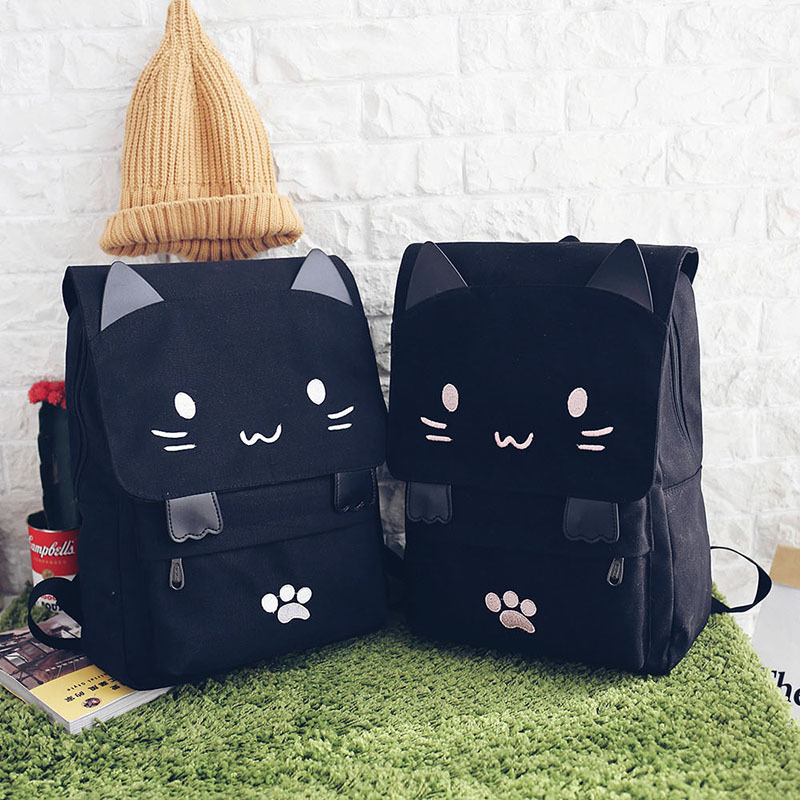 Tas Ransel Wanita Model Cat Cartoon - Black White 